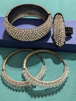Rhinestone Bracelet Ring & Hoop Earrings 