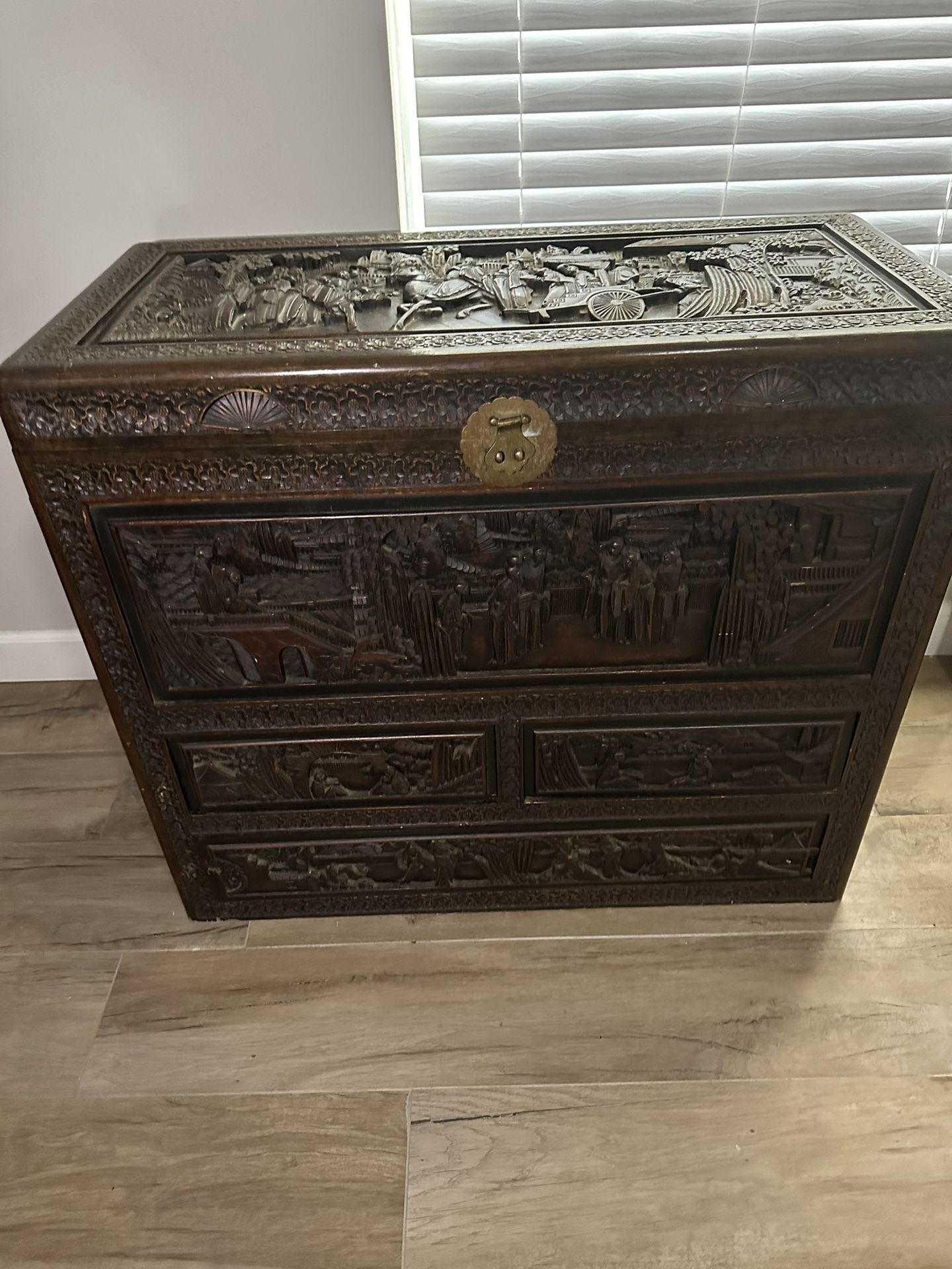 Early 20th Century Chinoiserie Carved Camphor Wood Bachelor's Chest of Drawers