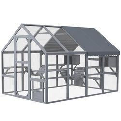 PawHut Wood Catio w/Waterproof Cover, 2 Condos, 6 Platforms, Bridge, Doors, Gray