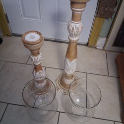 2 Candelabros Base Madera Y Copas De Cristal, Alto 34",y43"