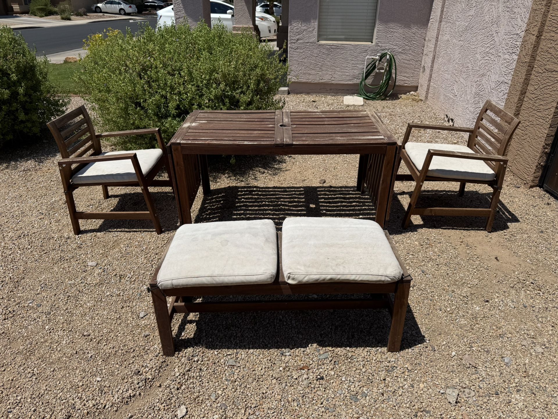 Outdoor Wood Patio Table Set with Chairs and Bench