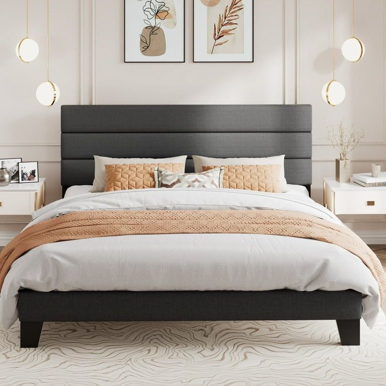King Size Fabric Upholstered Platform Bed Frame with Headboard, Dark Grey