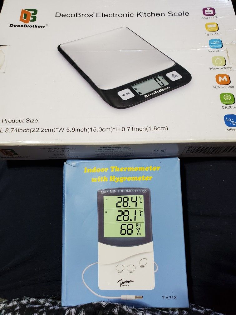 ELECTRONIC KITCHEN SCALE(DecoBros)$10.INDOOR THERMOMETER WITH Hygrometer $10.