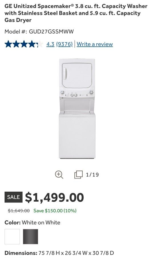 GE Stackable  Washer and GAS dryer