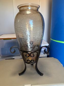 Smoked Glass Vase with Wrought Iron Stand