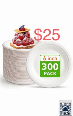 Compostable Small Paper Plates 6 Inch (300 Count), Disposable Plate for Dessert, Appetizer, Biodegradable Bagasse Heavy-Duty kids' meals Plates Bulk, 