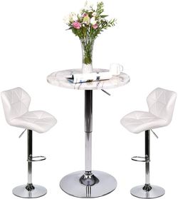 Set of 3 Adjustable Round Table and 2 Swivel Pub Stools (Marble Table and White Chairs-2)