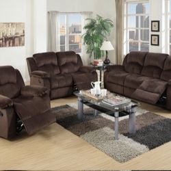 Reclining Motion Sofa & Love Seat Plush Suede Chocolate Finish optional reclining chair available