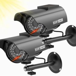 Solar Powered Fake Camera with 1 LED Light, Security Sticker (2 Packs, Black