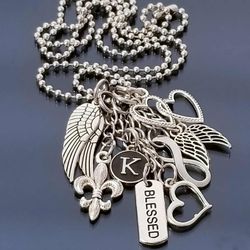 Charm Necklace /Letter K /Hearts /Blessed / Silver Ball Chain