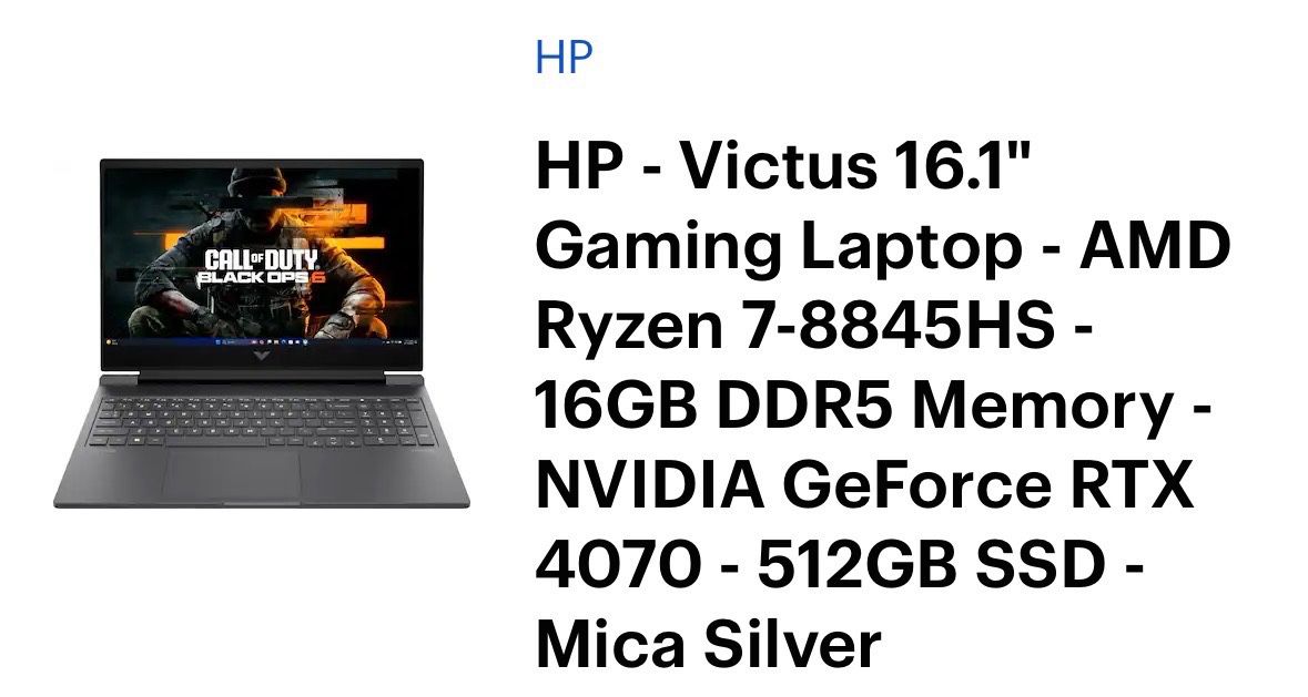HP Victus 16.1 Gaming Laptop, AMD Ryzen 7, 16GB Memory, NVIDIA  RTX 4070, 512GB