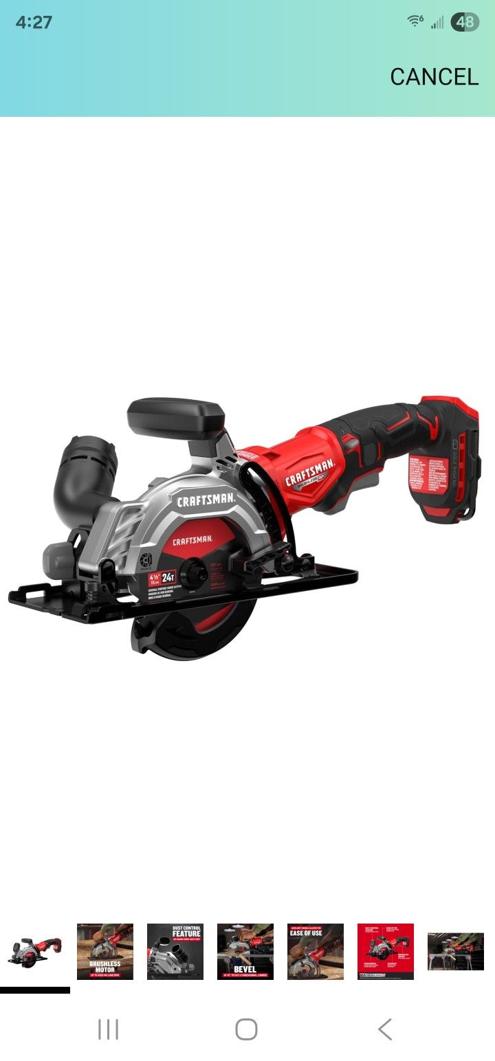 CRAFTSMAN V20 4-1/2 Inch Cordless Circular Saw, Bare Tool Only (CMCS405B)