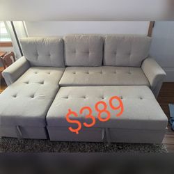 84"W Light Gray Linen Reversible Sleeper Sectional Sofa with Storage Chaise