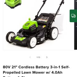 Greenworks 80v 21” Self-propelled Lawn Mower w/Battery & Charger 