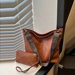 2pcs Large Capacity Casual Simple Bucket Shoulder Bag & Pouch Set