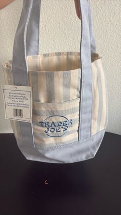 Trader Joe’s MINI Canvas Reusable Bag, with Off White , LIGHT BLUE STRIPES