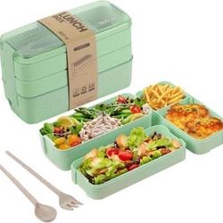 Green Stackable Bento Lunch Box Kit, 3-In-1 Compartment Wheat Straw Lunch Containers with Tableware, Reusable On-the-Go Meal and Snack Containers