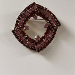 Vintage Brooch Red Pink Rhinestones Square Pin