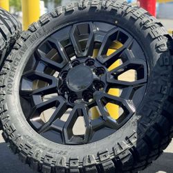 NEW 22” Black Wheels 2024 GMC Sierra 2500 Chevrolet Silverado 3500 HD Denali Chevy Rims 35” Tires 35x12.50R22 2011 2023 4WD Elevation AT4 Limited