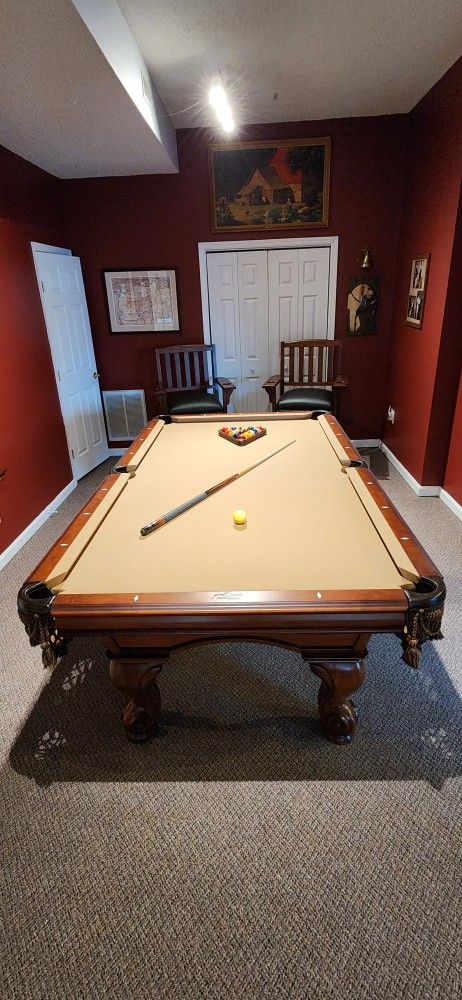 Pool Table, Side Gallery Chairs, Pool Stick Rack, & Accompanying Ping Pong Portable Top