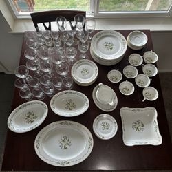 Germany Made Rosenthal Bone Fine China Dinnerware Set With Matching Crystal Goblets