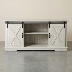 Rustic Farmhouse TV Stand / Media Console with Sliding Barn Doors – Distressed White