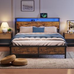 🔥Brand new in Box 🔥Queen Bed Frame with Lights and 2 USB Ports, Bed Frame Full Size with Storage, Noise, No Box Spring Needed, Rustic Brown Metal(Br