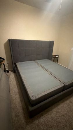 Gray Upholstered King Bed Frame with Headboard