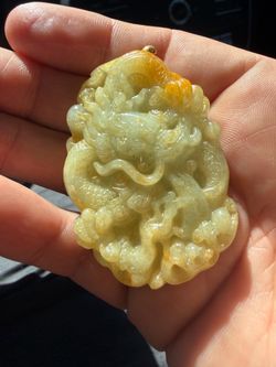 Natural Yellow-Green Jadeite Dragon Pendant – Grade A – 10K Gold Bail – 42.85g
