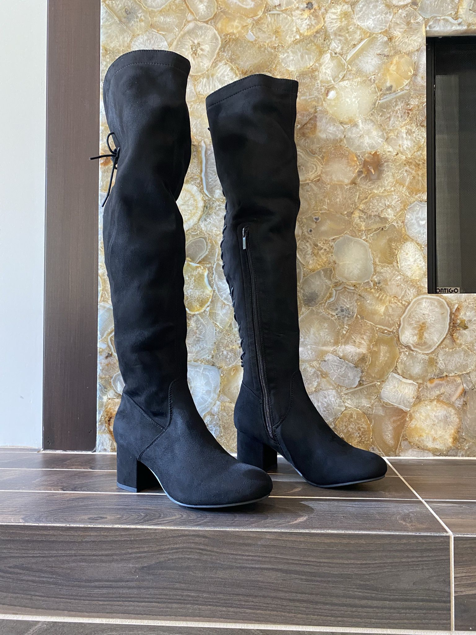 Back Lace Up Mid Faux suede Block Heel Over The Knee Thigh High Boot round toe