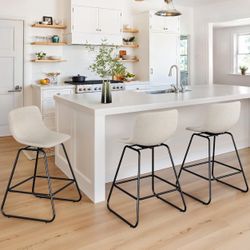 Set of 3, 25in Linen Fabric Counter Height Bar stools, Mid Century Modern Bar Stools with Metal Legs & Footrest, for Kitchen Island, Linen Colo