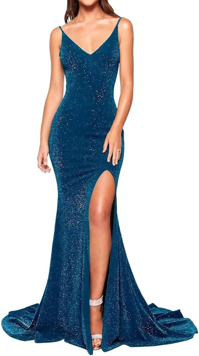 Blue Prom Dress with Slit and V Neck 