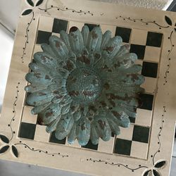 Farmhouse Soft Green & Gold Galvanized Metal Candle Holder  8” inch wide 4” inch tall 