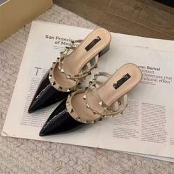 Fashionable Studded High-heeled Pointed Toe Mules Women, 2026 Hot-selling Chunky Heel Versatile Trendy Sandals Women to Wear Outside, Women Shoes