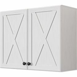 Farmhouse Barn Door Wall Cabinet – White Wood Grain, Adjustable Shelf