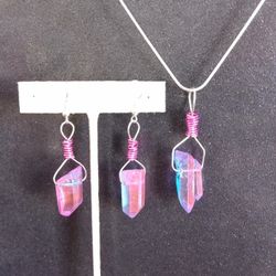 Pink blue purple quartz wire wrapped sterling earrings and silver necklace set new