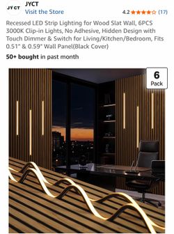 Recessed LED Strip Lighting for Wood Slat Wall, 6PCS 3000K Clip-in Lights, No Adhesive, Hidden Design with Touch Dimmer & Switch for Living/Kitchen/Be