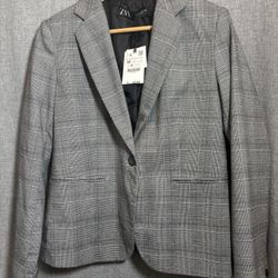 Zara Grey Plaid Tailored Blazer Notch Lapel Collar Single Button New Size 6