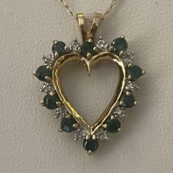 10K Yellow Gold Emerald & Diamond Accent Open Heart Pendant Necklace 18" 
