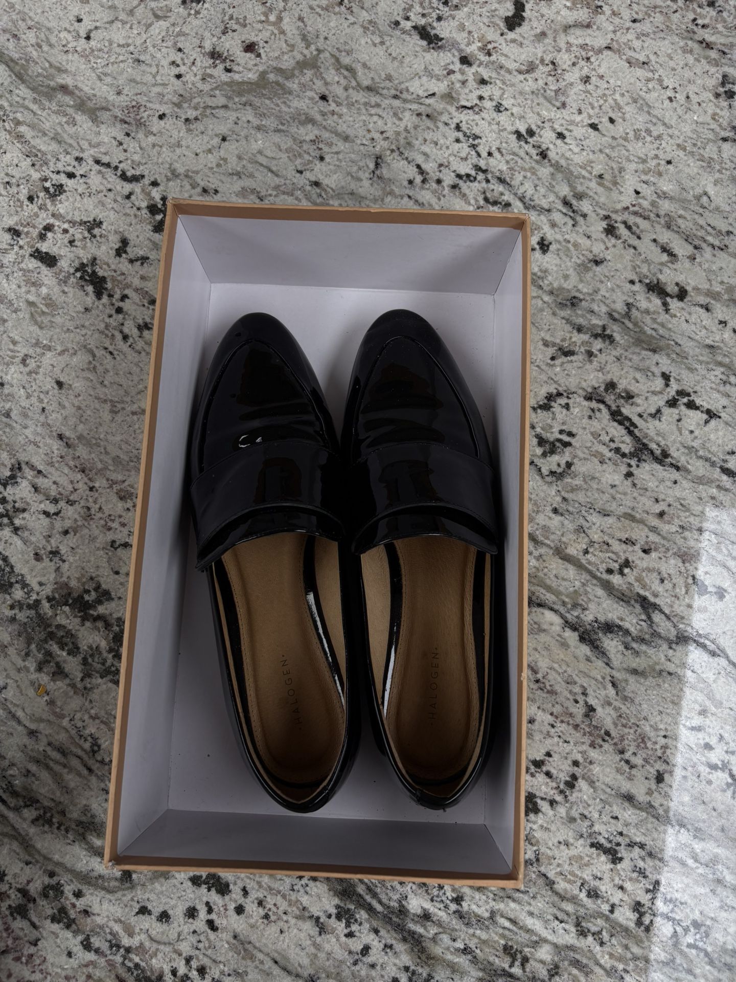 Halogen Emilia Loafer Black Patent Leather Point Toe Slip On Flat