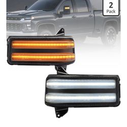 NJSBYL Amber LED Side Mirror Turn Signal Light Kits for 2020-2025 GMC Sierra 2500HD 3500HD & Chevy Silverado 2500HD 3500HD Smoked Lens Switchback Whit