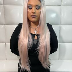lace front wig-pastel pink with dark roots-brand new $70-peluca Rosa larga nueva