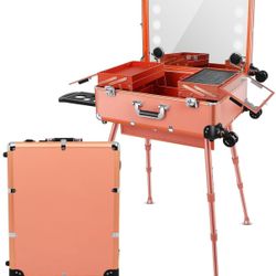 Aluminum Trolley Makeup Train Case with Led Light Rolling Makeup Case with Legs Suitcase Vanity with Lights with Stand Mirror Makeup Vanity Station (2