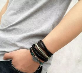 Bohemian Leather Leaf Bead Bracelet Set