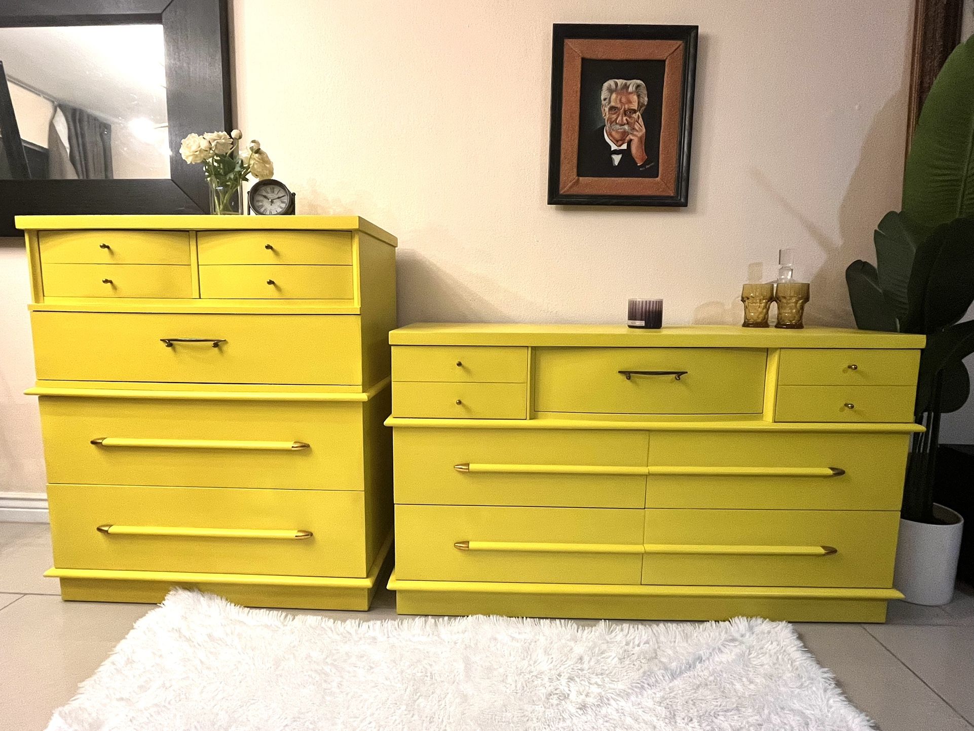 MID CENTURY MODERN DIXIE DRESSER SET — BRIGHT YELLOW — REFURBISHED — KB CO BRASS