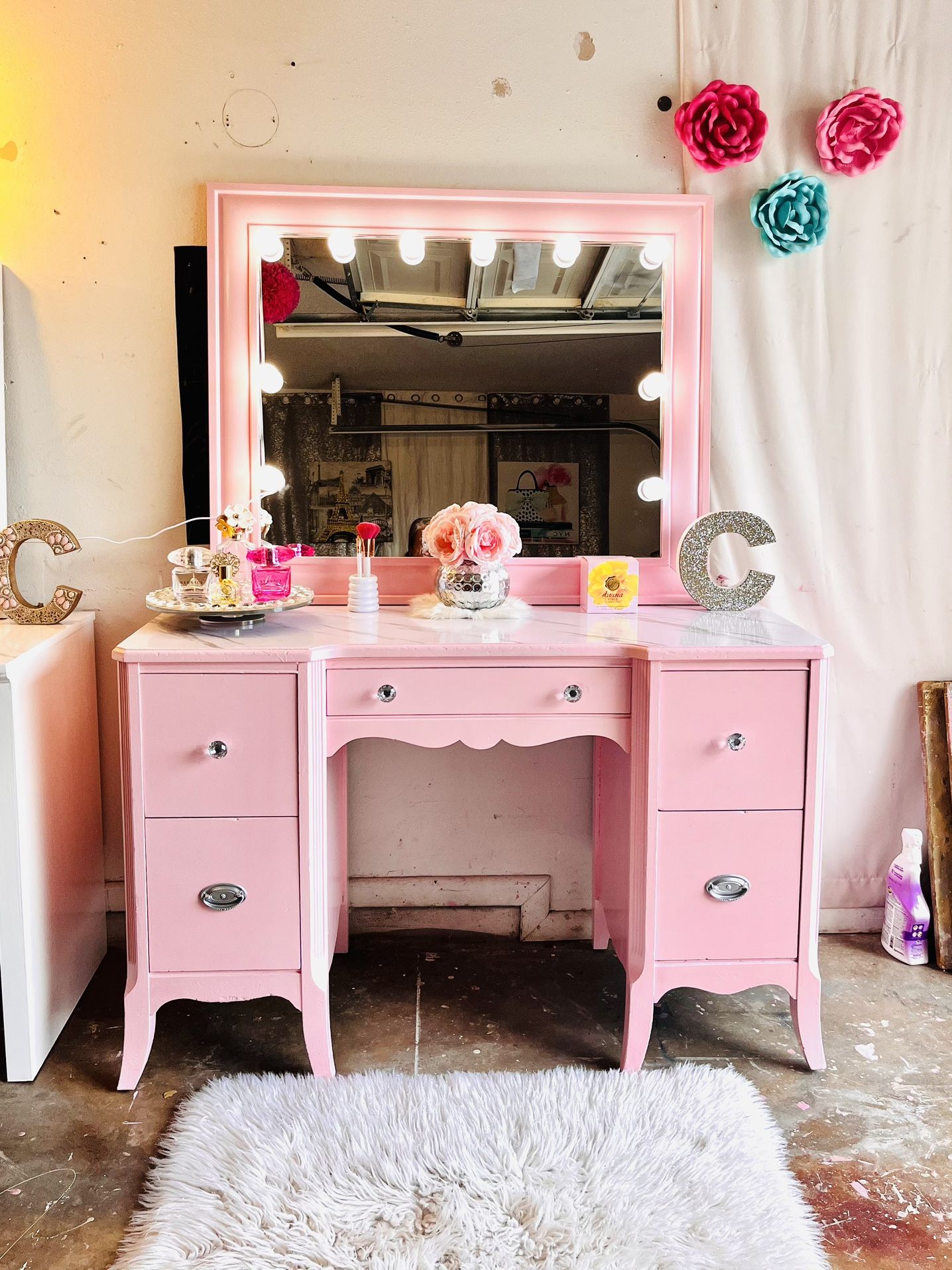 Beautiful vintage pink vanity/desk and large pink mirror with new lights strings