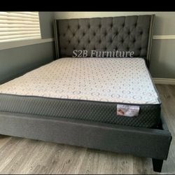 Full Size Grey Tufted Bed W Ortho Mattress 
