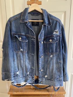 VTG Abercombie & Finch Distressed Blue Denim Jacket Raw Hem Sz M Salvaged Grunge