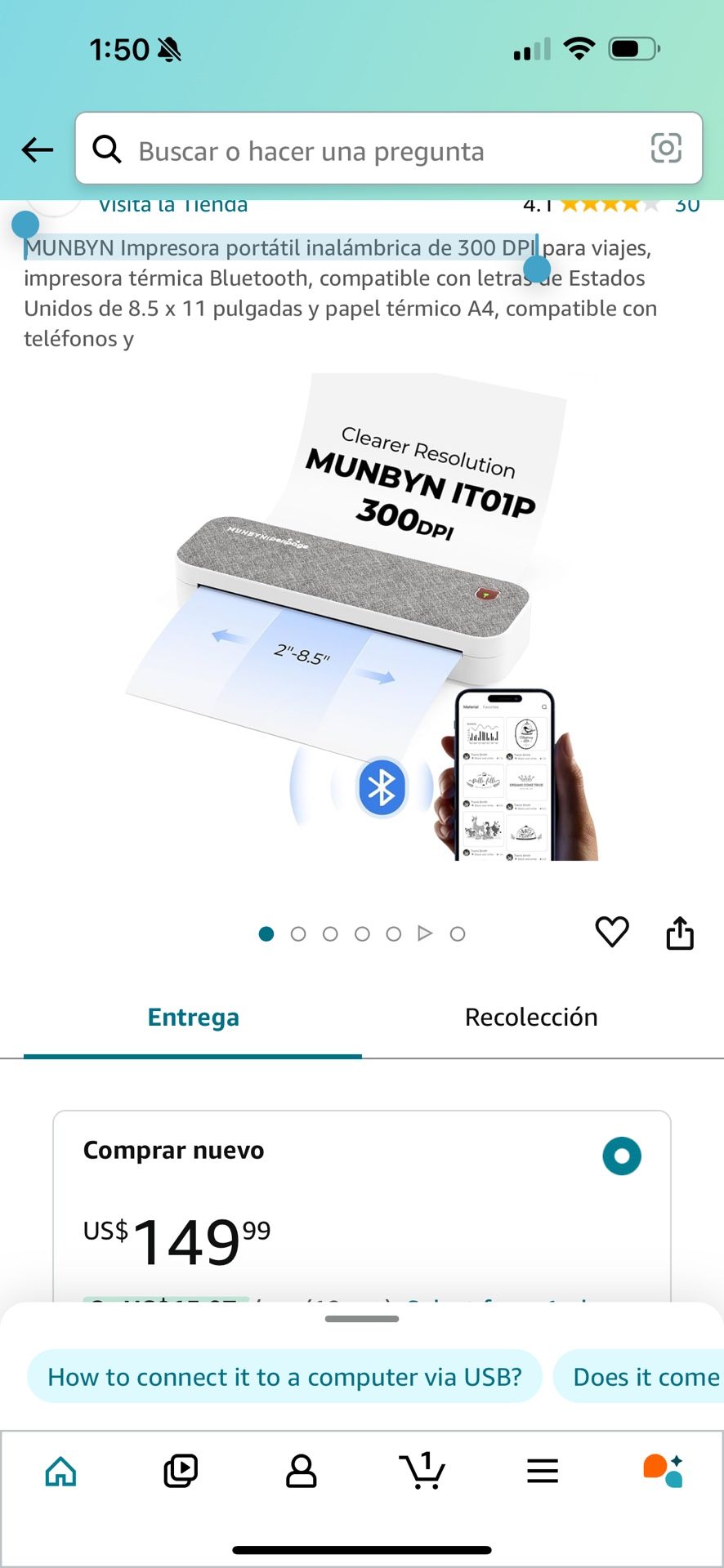 MUNBYN Impresora portátil inalámbrica de 300 DPI para viajes, impresora térmica Bluetooth, compatible con letras de Estados Unidos de 8.5 x 11 pulgada