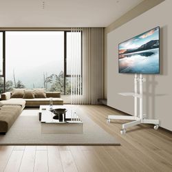 Mobile TV Cart for 23-80 Inch LCD LED Flat Panel Curved Screen TVs up to 120 lbs, Height Adjustable Shelf Rolling Floor Stand with Wheels (White)